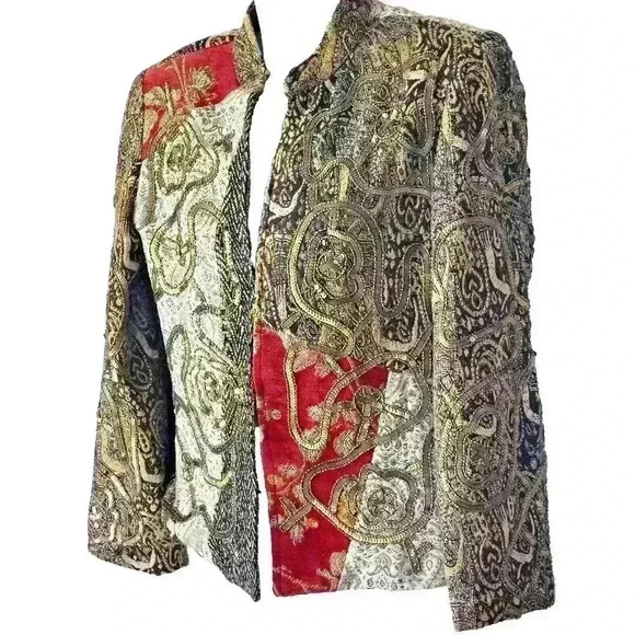 Alex Kim Jackets & Blazers - Vintage Alex Kim Patchwork Jacket Blazer Funky Gold Embroidered Textured Sz PS